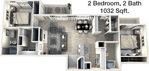 A 2 bedroom, 2 bath apartment is 1032 square feet.